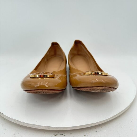 Tory Burch Caroline Women Size 8M Brown Patent Leather Elastic Ballet Flat Shoes - Picture 3 of 12